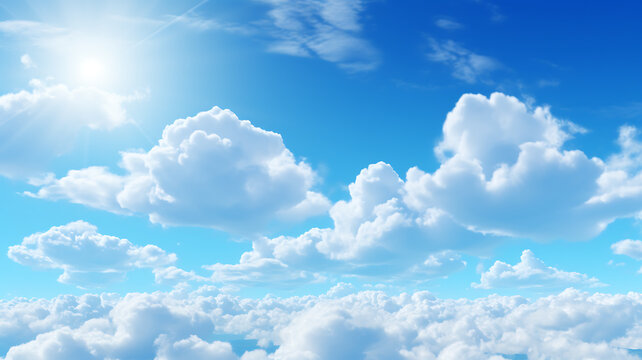 Blue sky background with tiny clouds. Cumulus white clouds in the clear blue sky