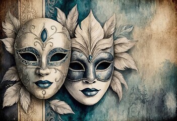 masks in different shades of velvet, overlaid with a monochrome painting of a masquerade ball