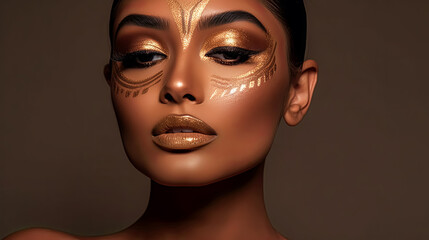 A woman with gold face paint and gold lips