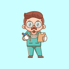 Cute doctor medical personnel take note character kawaii chibi character mascot illustration outline style design