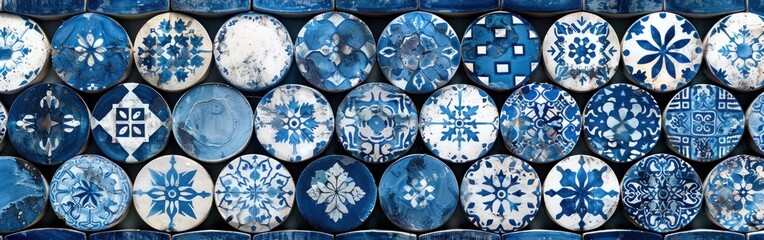 Vintage Blue and White Mosaic Tiles Background with Geometric Florals and Moroccan Portuguese Tile...