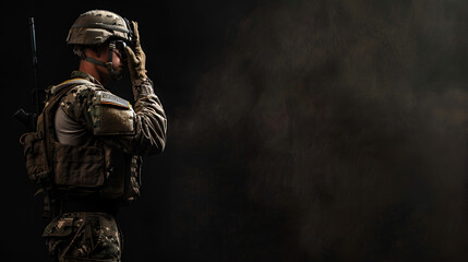 Fototapeta na wymiar Sad American soldier in black background, Generative AI