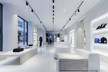 A chic pop-up shop in a bustling shopping district, with sleek modern design, minimalist decor, and high-end fashion collections, Generative AI