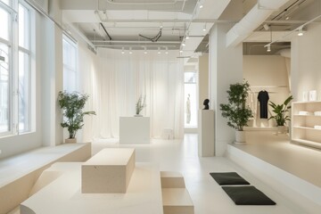 A chic pop-up shop in a bustling shopping district, with sleek modern design, minimalist decor, and high-end fashion collections, Generative AI