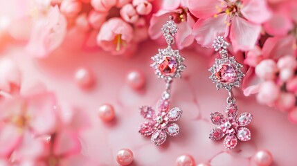 Earrings image on a pink background with pink flowers. 