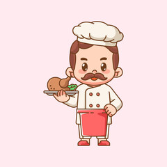 Cute chef cook serve chicken food kawaii chibi character mascot illustration outline style design