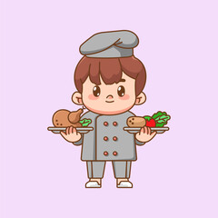 Cute chef cook serve food kawaii chibi character mascot illustration outline style design