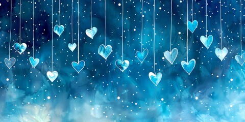 Hanging Hearts on Watercolor Night Sky Background. Love Concept, Valentine's Day, I Love You,  Fantasy. Generative AI.