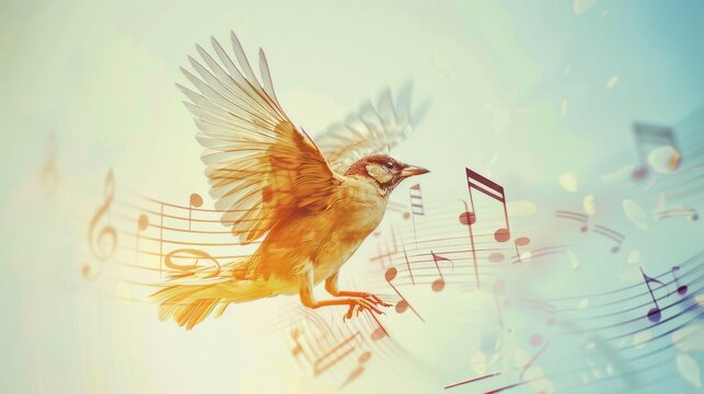 Macro Shot of Bird in Flight Double Exposure with Musical Notes Overlay