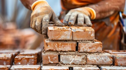 Close-up of skilled bricklayer meticulously stacking bricks, AI Generative. - obrazy, fototapety, plakaty