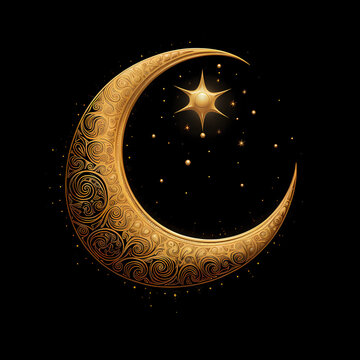 A golden crescent moon with intricate patterns