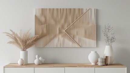 Minimalist wooden wall art and vases on a white dresser, embodying simplicity and modern design AI Generative.
