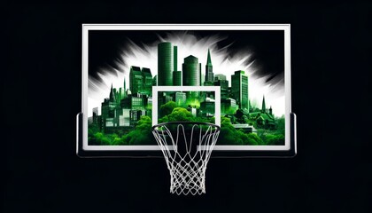 Vibrant Green Urban Jungle Basketball Hoop with Luminous Boston Cityscape Backboard Art