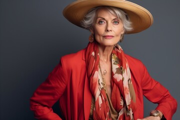Portrait of beautiful senior woman in hat and red blouse.