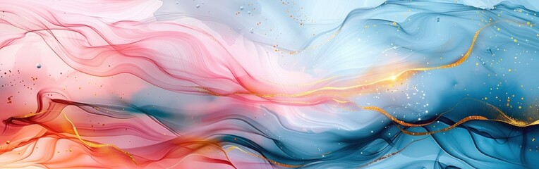 Soft Pastel Watercolor Background with Golden Lines and Fluid Marbled Texture - Abstract Banner...