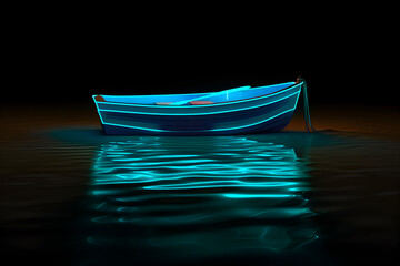 Neon rowing boat on water isolated on black background. - obrazy, fototapety, plakaty