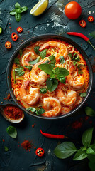 Beautiful presentation of Thai coconut curry shrimp noodle soup, hyperrealistic food photography