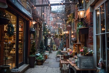 A cozy pop-up shop nestled in a charming alleyway, adorned with twinkling lights, rustic decor, and inviting storefront displays, Generative AI