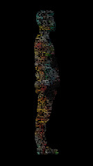 a human silhouette made of different algorithms, words