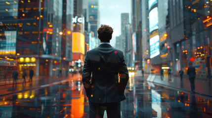 Rear view of businessman in formal suit standing facing futuristic city street and looking at reflection of skyscrapers - Powered by Adobe