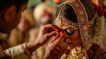 Traditional Wedding Ritual: Groom Applying Sindoor