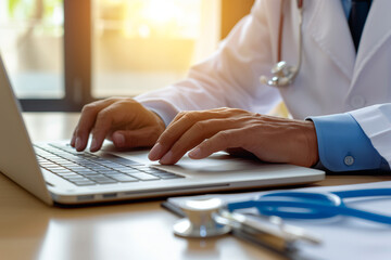 Healthcare Professional Using Laptop for Patient Data Analysis - obrazy, fototapety, plakaty