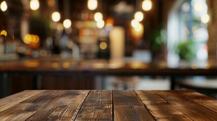 Empty wooden table with a blurred restaurant background, AI Generative.