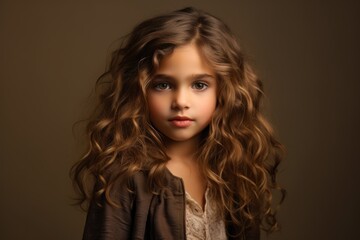 Portrait of a beautiful little girl with long curly hair. Studio shot.