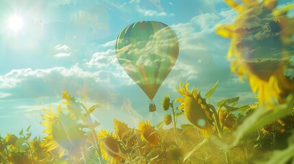 Fototapeta na wymiar Dreamy Double Exposure Photograph with Hot Air Balloon and Sunflowers AI Generated