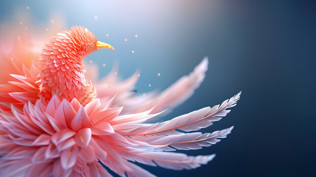 A beautiful pink bird with a long flowing tail made of feathers and flowers.
