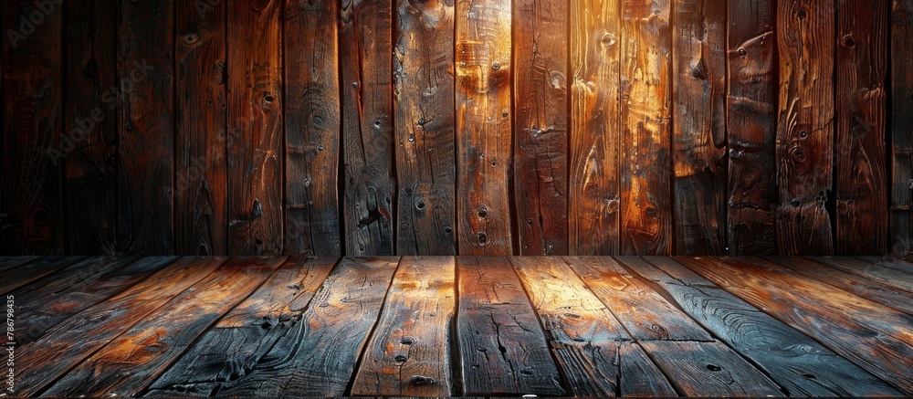 Poster a soft light is filtering through the wooden floorboards, creating a warm and inviting atmosphere in