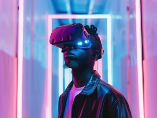 A young man wearing VR glasses.