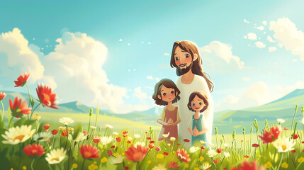 Obraz na płótnie Canvas An illustration of Jesus and two children in a peaceful countryside scene in a lovely cartoon design style with dreamy visual effects
