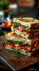 Beautiful presentation of Turkey Club Sandwich, hyperrealistic food photography