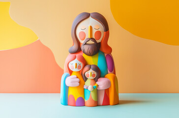 Obraz premium Happy Jesus with 2 children lovely cartoon design style