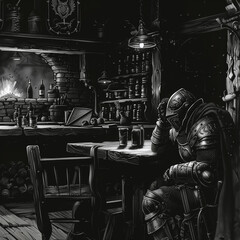 Fototapeta na wymiar Solitude of a Warrior: Armored Knight Alone in a Medieval Tavern