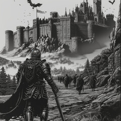 Armored Knight and Troops Marching to Castle - obrazy, fototapety, plakaty