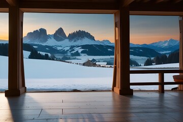Panoramic morning view of Alpe di Siusi village. Majestic winter sunrise in Dolomite Alps. Superb landscape of ski resort, Italy, Europe. Beauty of nature Generative AI - obrazy, fototapety, plakaty