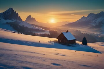 Panoramic morning view of Alpe di Siusi village. Majestic winter sunrise in Dolomite Alps. Superb landscape of ski resort, Italy, Europe. Beauty of nature Generative AI - obrazy, fototapety, plakaty