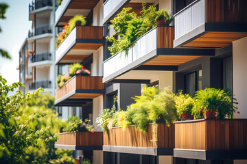 Modern apartment buildings with balconies and greenery