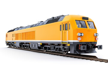 Obraz premium Modern Yellow Diesel Locomotive on Railroad Track Against White Background