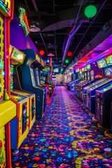A lively game room with colorful arcade machines, neon lights, and vibrant carpeting, Generative AI