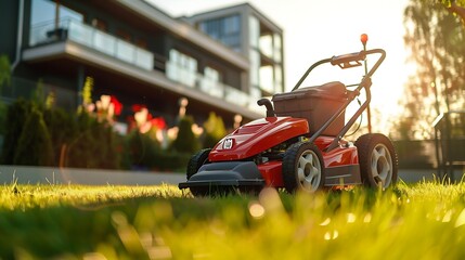 lawnmower on the grass near the building