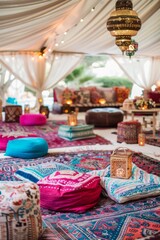 A Moroccan-inspired lounge with colorful poufs, patterned rugs, and ornate lanterns, Generative AI