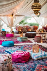 Fototapeta premium A Moroccan-inspired lounge with colorful poufs, patterned rugs, and ornate lanterns, Generative AI