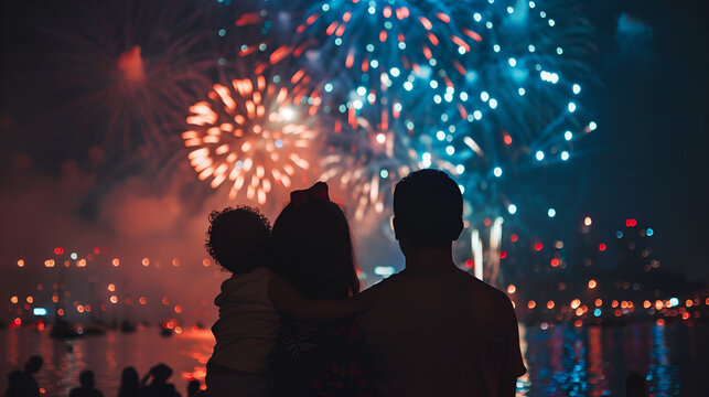 American family celebrates Independence Day firworks in sky Generative AI