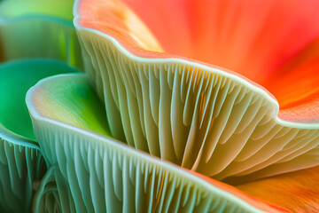 Closeup of colorful mushroom lamellae, magic mushroom, macro view, strong psychedelic colors. Decorative, psychic background and design pattern, wallpaper, poster.