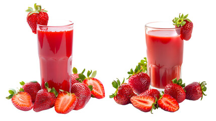 Strawberries and strawberry juice isolated on a transparent PNG background, white background , Generative Ai