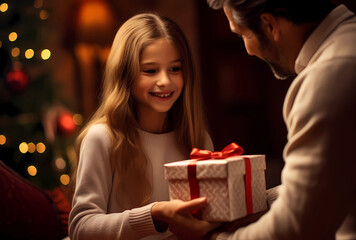 A girl gives a gift to her father