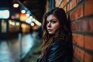 Portrait of a beautiful girl in a black leather jacket on the street at night.